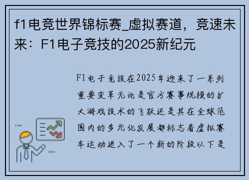 f1电竞世界锦标赛_虚拟赛道，竞速未来：F1电子竞技的2025新纪元